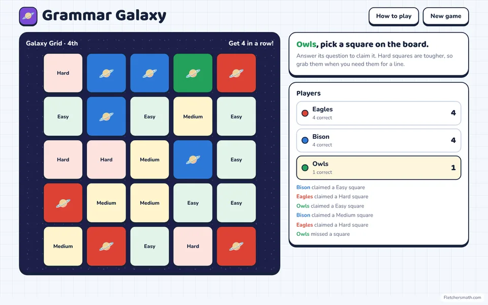 Screenshot of Grammar Galaxy in the middle of a game