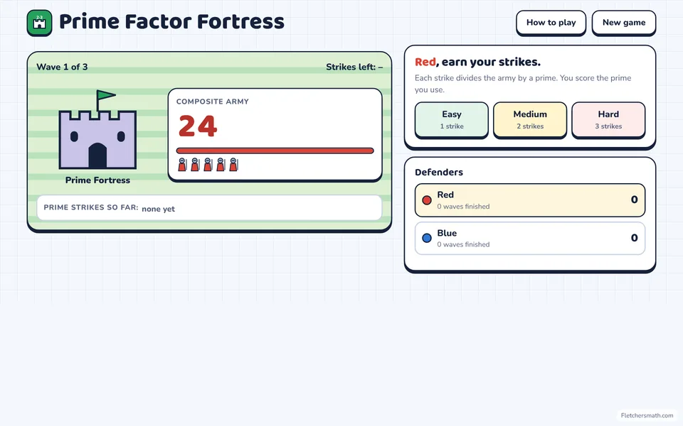 Screenshot of Prime Factor Fortress in the middle of a game